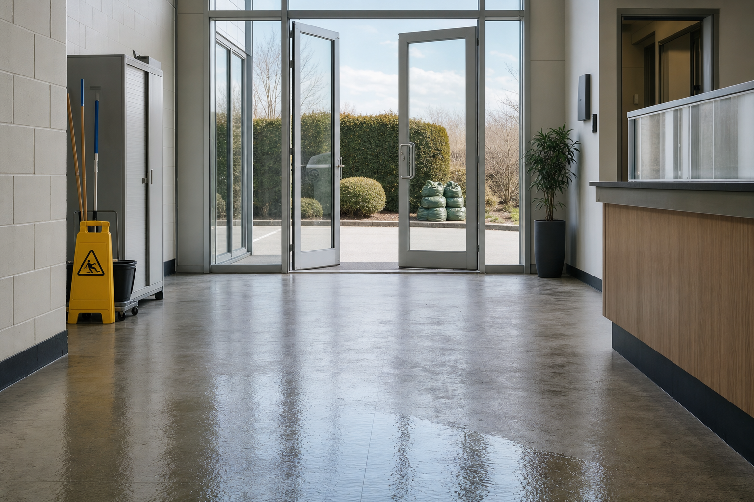 A shiny wet floor in a building entrance with open glass doors, a caution sign, and cleaning equipment nearby.
