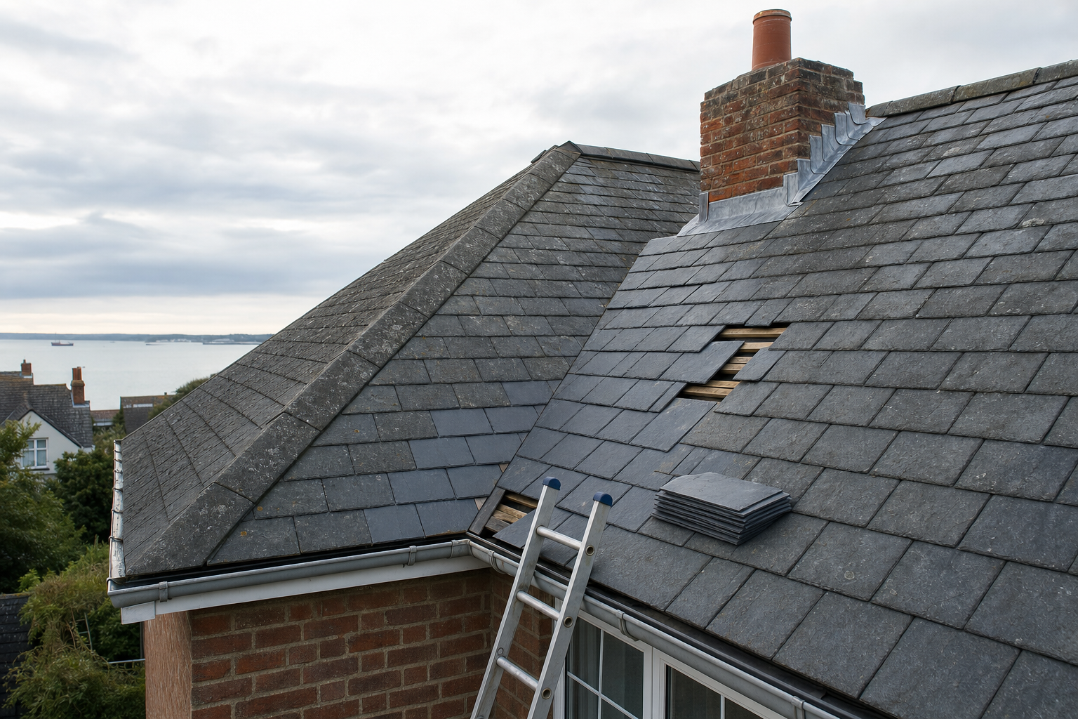 A slate-tiled roof with missing tiles, a ladder leaning against it, set against a coastal background.