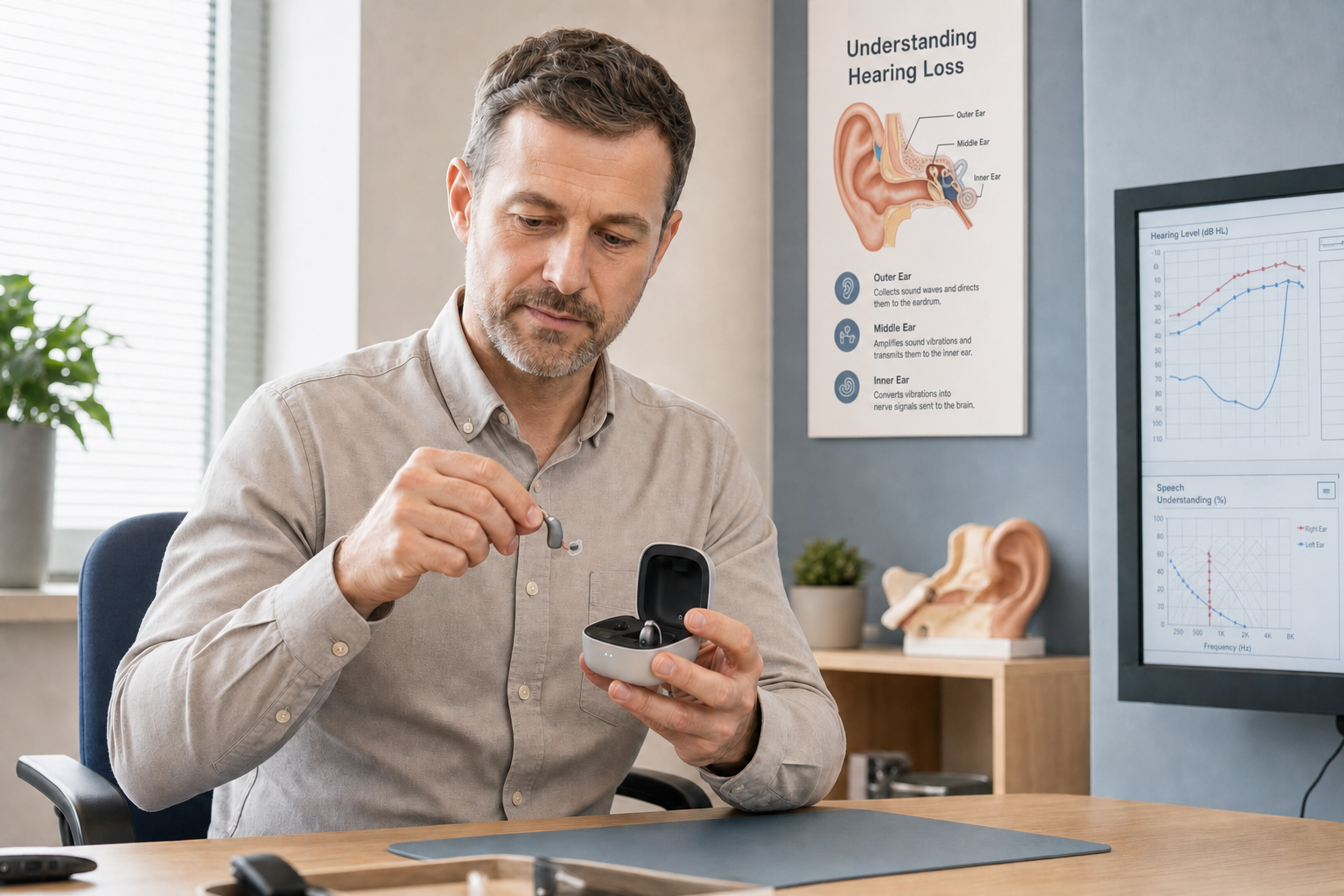 Man examining a hearing aid in an office with hearing loss information displayed on the wall.