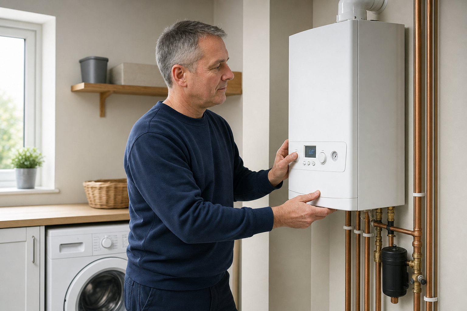 Man adjusting a wall-mounted boiler in a modern, tidy utility room.