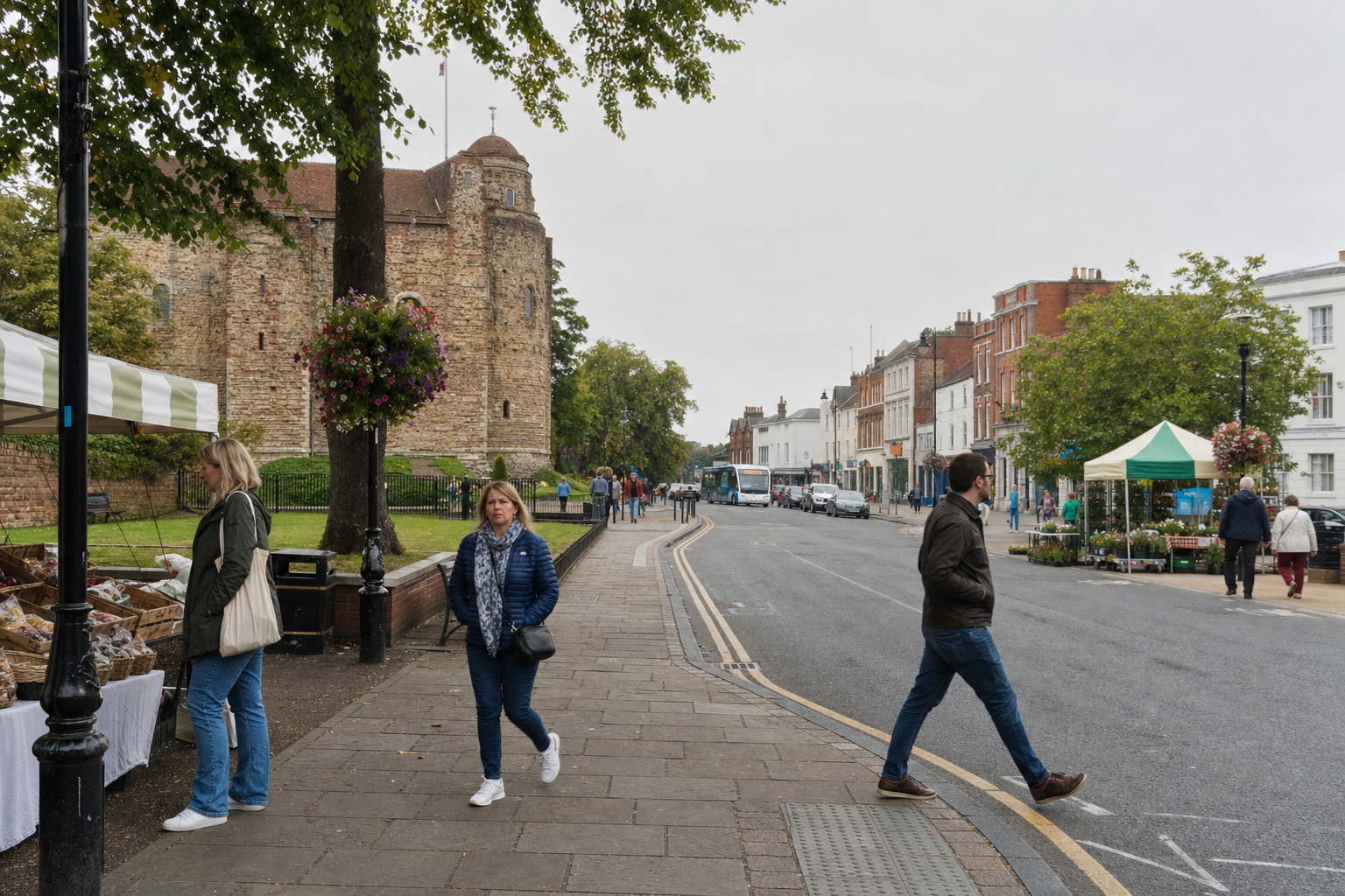 People walking near a historic stone castle and market stalls on a street lined with trees and brick buildings.