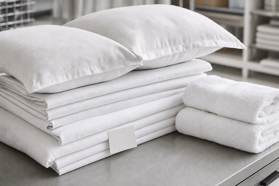White pillows and neatly folded sheets and towels arranged on a table in a tidy room.