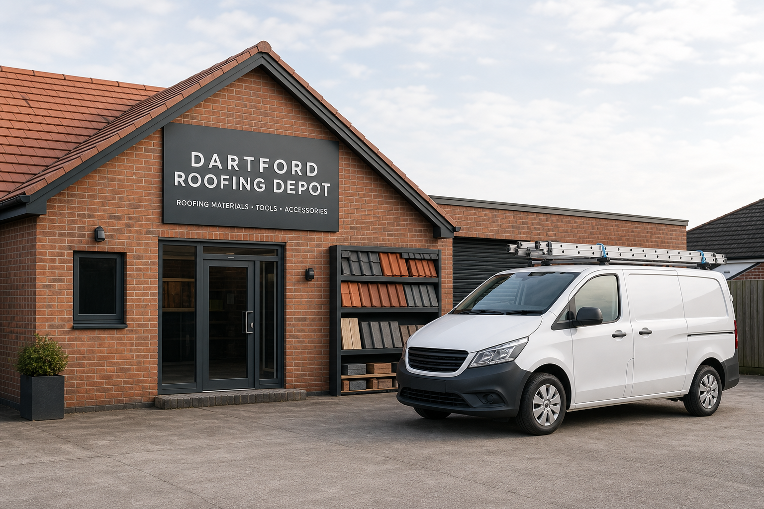 A white van with a ladder on top is parked outside the Dartford Roofing Depot on a cloudy day.