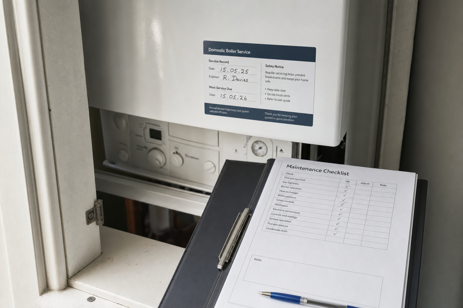A domestic boiler with a visible service record card and a maintenance checklist on a clipboard.