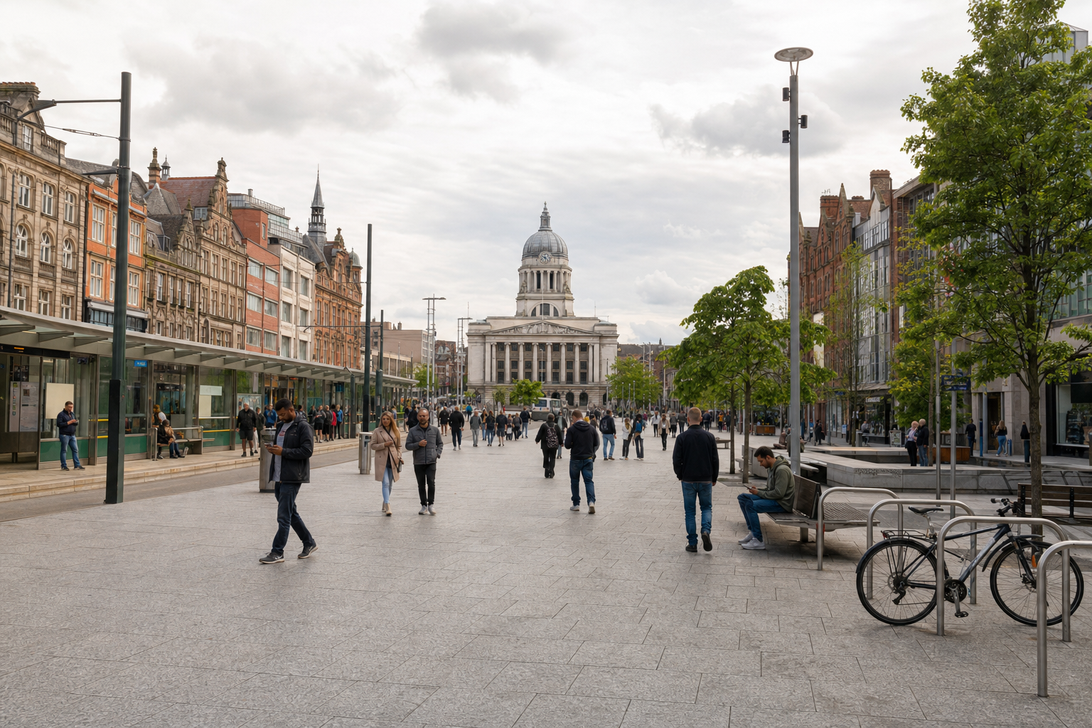 People walk along a busy city square lined with historic buildings and trees, leading to a domed structure in the background.