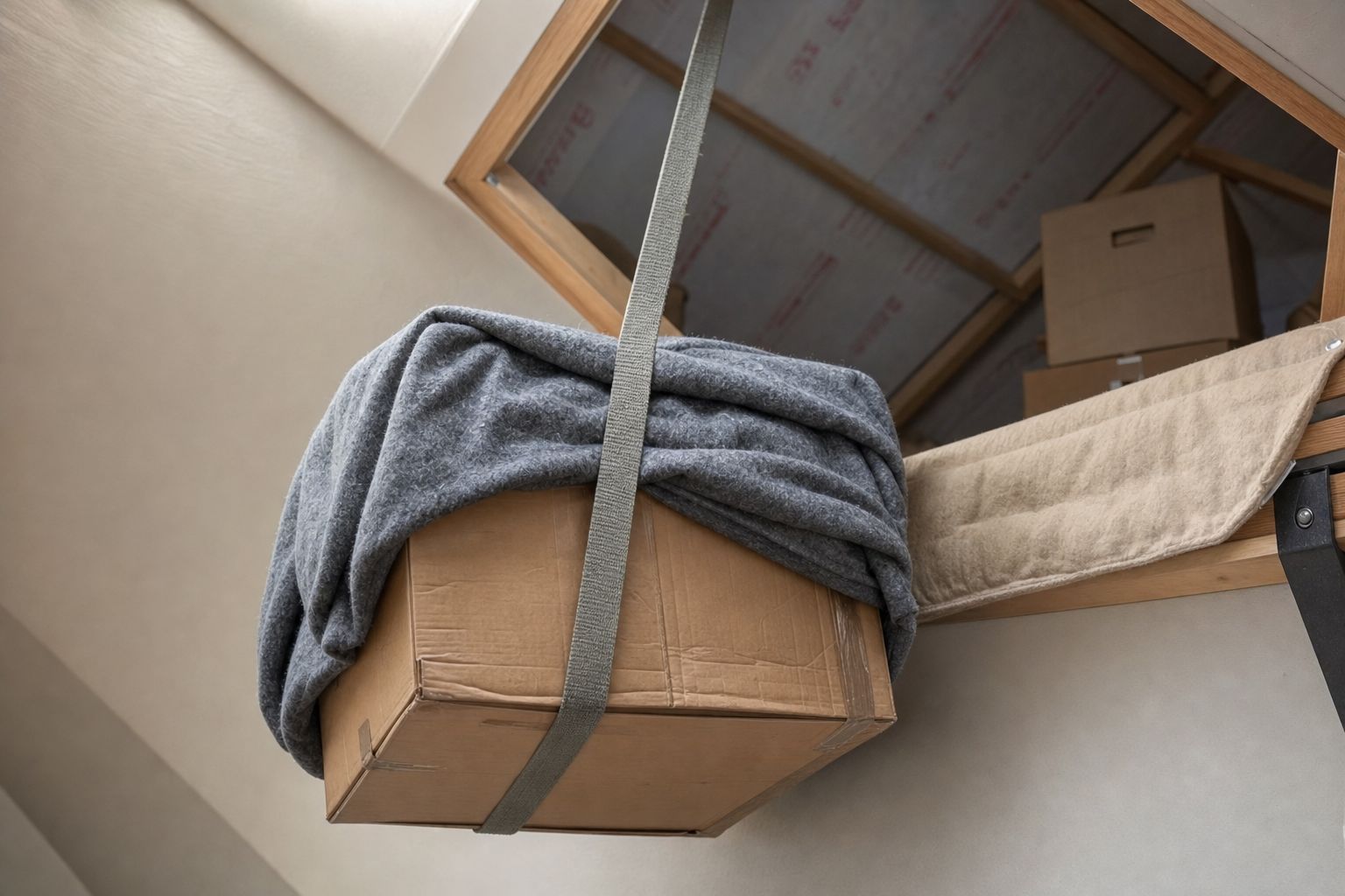 A cardboard box wrapped in a grey blanket is being lifted into an attic using a strap.