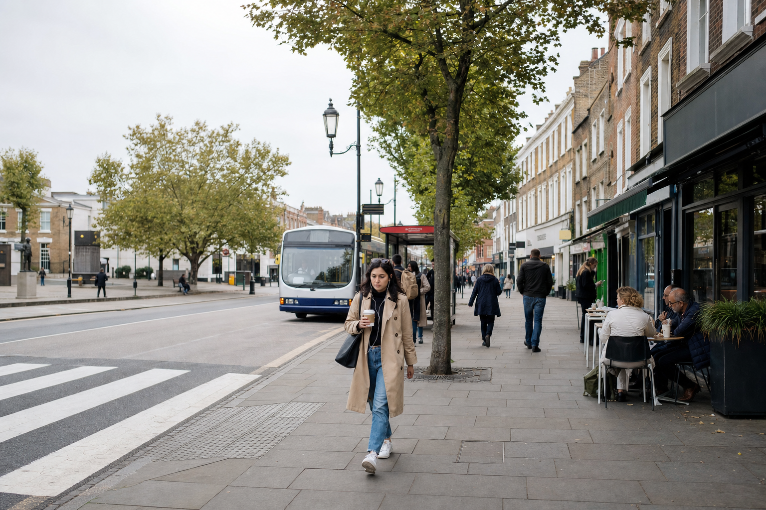 A woman in a beige coat walks along a tree-lined street with shops, carrying a drink, while a blue bus approaches.