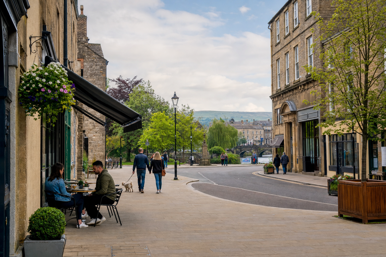 People dining outdoors on a quaint street with stone buildings and a view of distant hills.