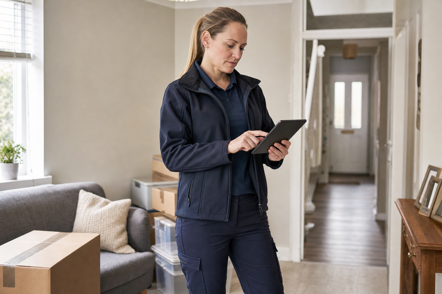 A woman in a uniform uses a tablet in a room with moving boxes and a sofa.