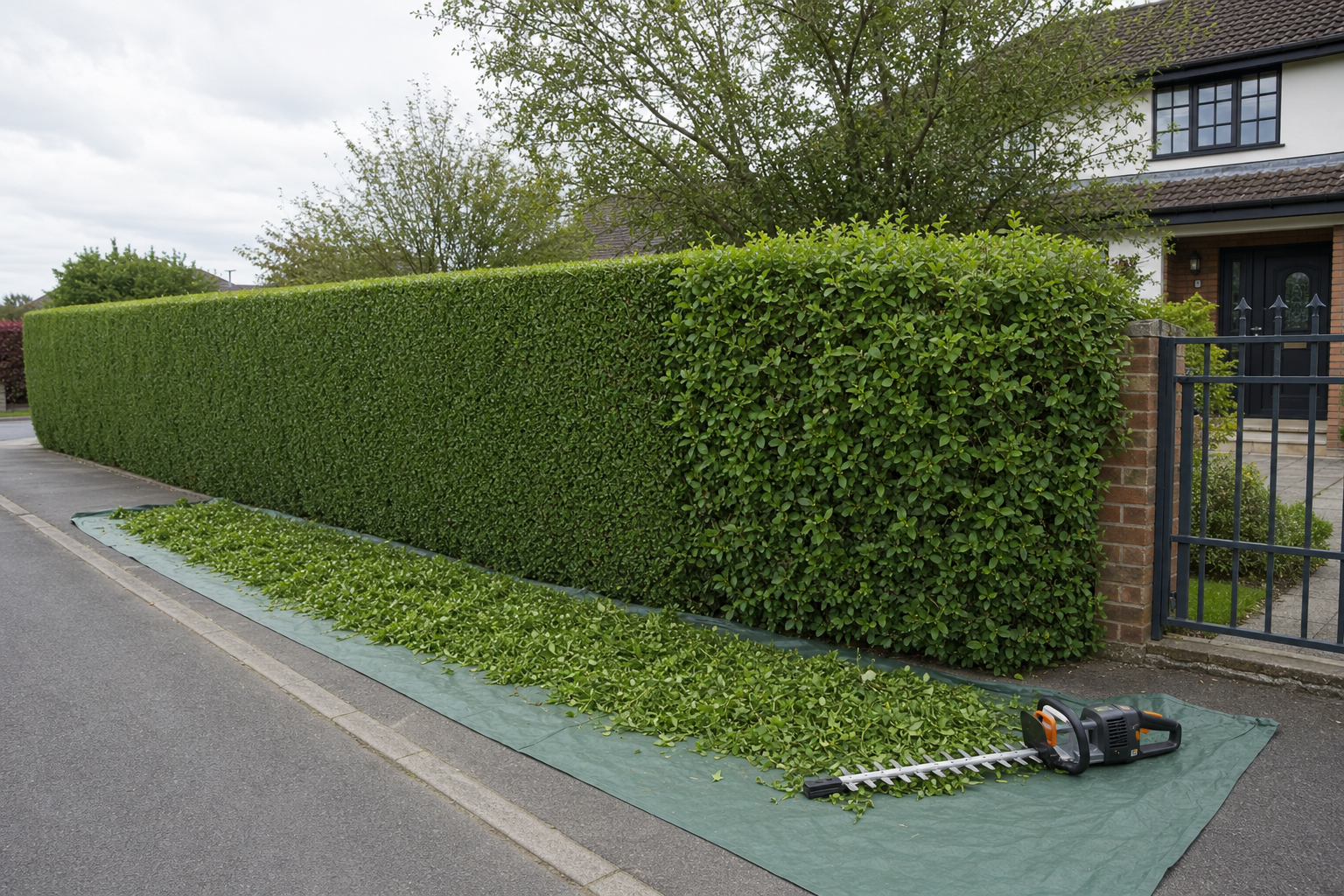 Recently trimmed hedge with clippings on a tarpaulin and a hedge trimmer nearby on a residential street.