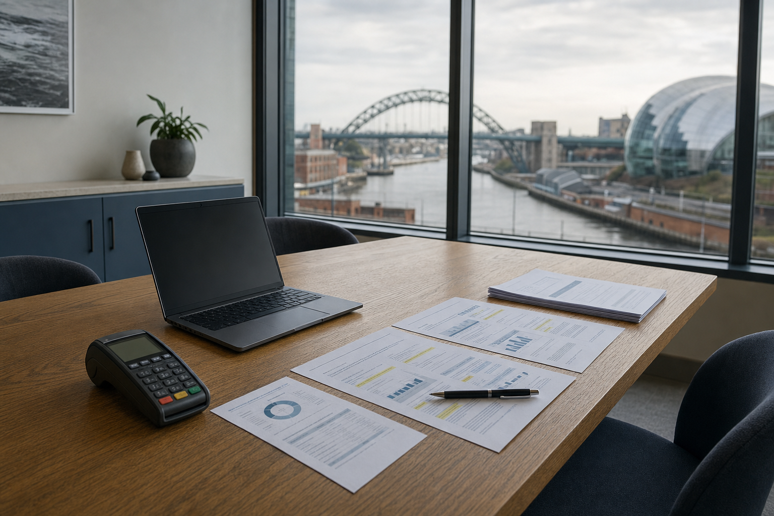 Office desk with a laptop, documents, and a card reader, overlooking a cityscape with a bridge and modern architecture.