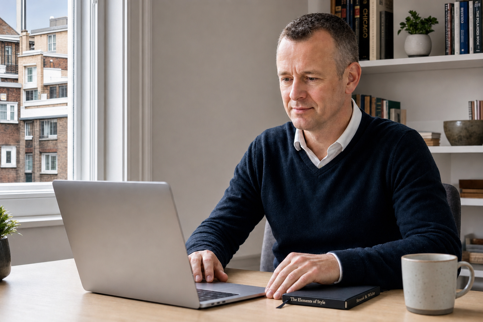 Man working on a laptop at a desk, with a book and mug, near a window overlooking a cityscape.