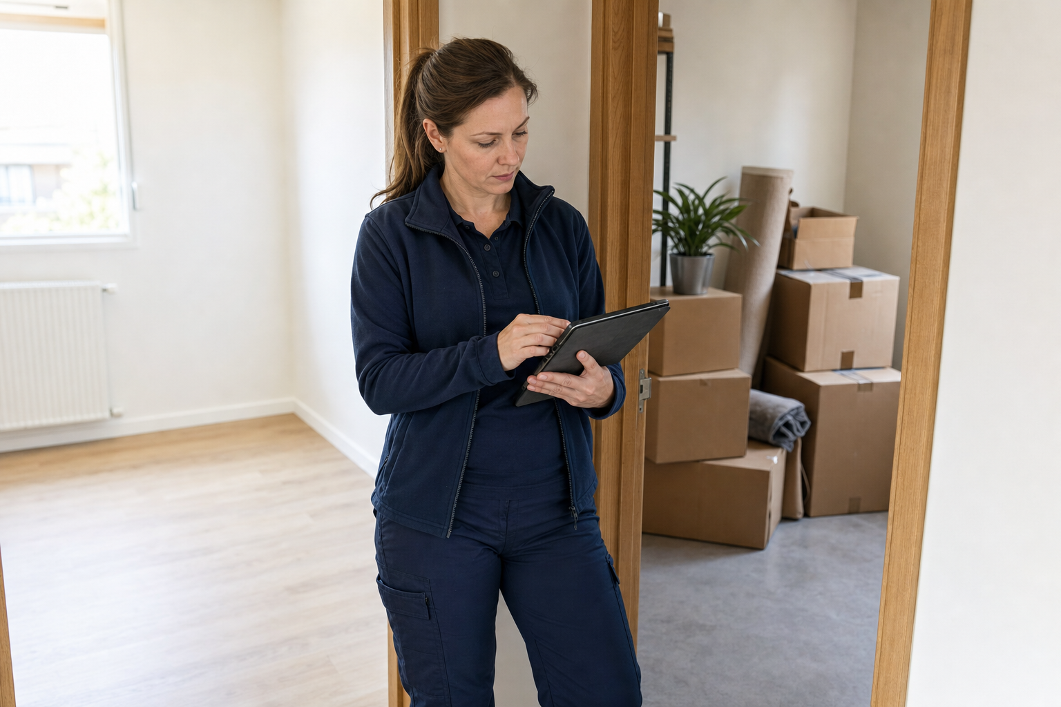 A woman in a blue uniform uses a tablet in a room with moving boxes and a plant.