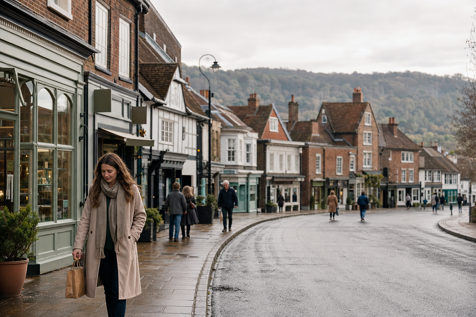 A woman walks along a quaint, rain-dampened street with historic buildings and hilly scenery in the background.