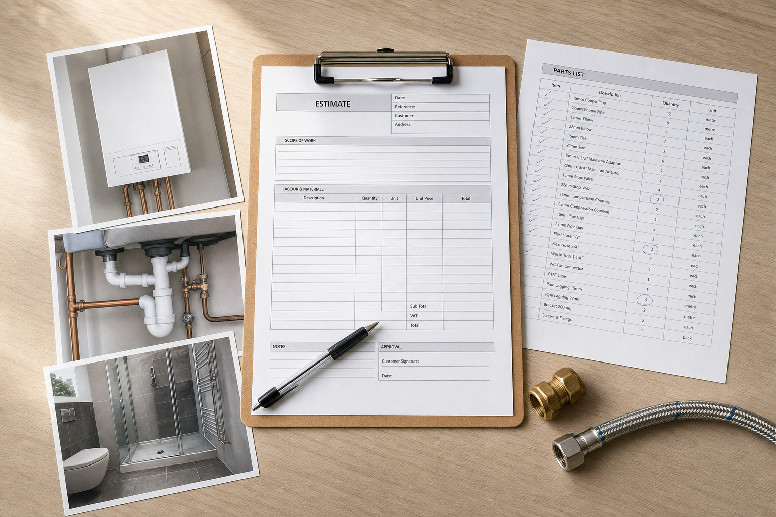 Plumbing estimate clipboard surrounded by photos of a boiler, pipes, a shower, and a parts list on a wooden surface.