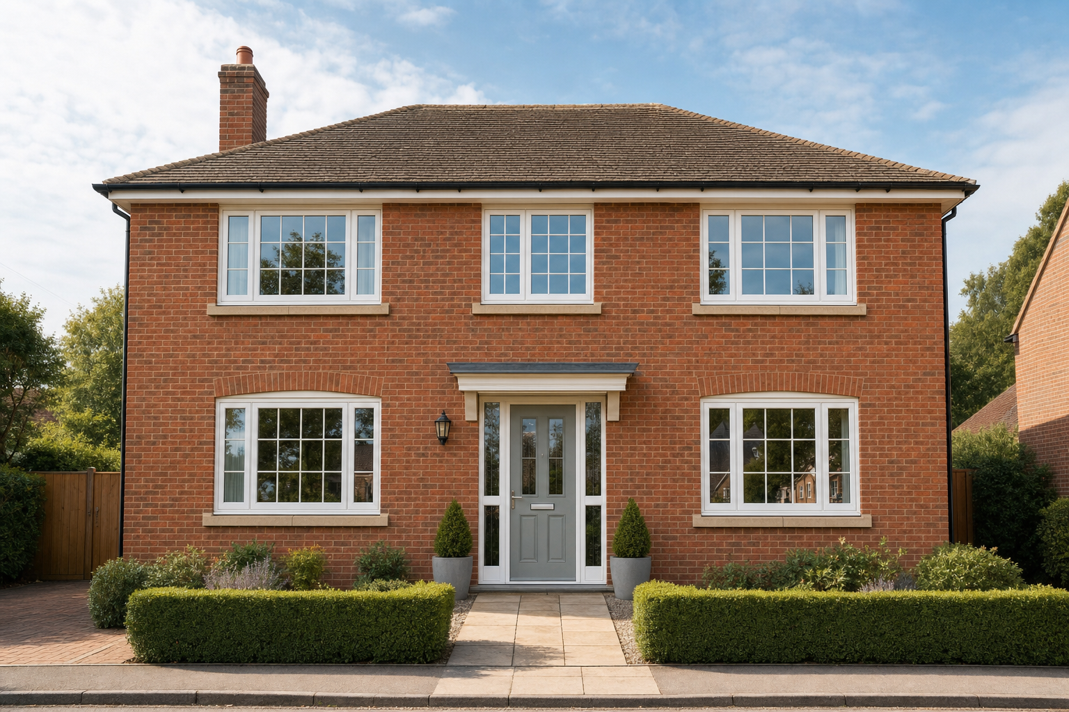 A two-storey red brick house with a grey front door, white-framed windows, and a neatly trimmed front garden.