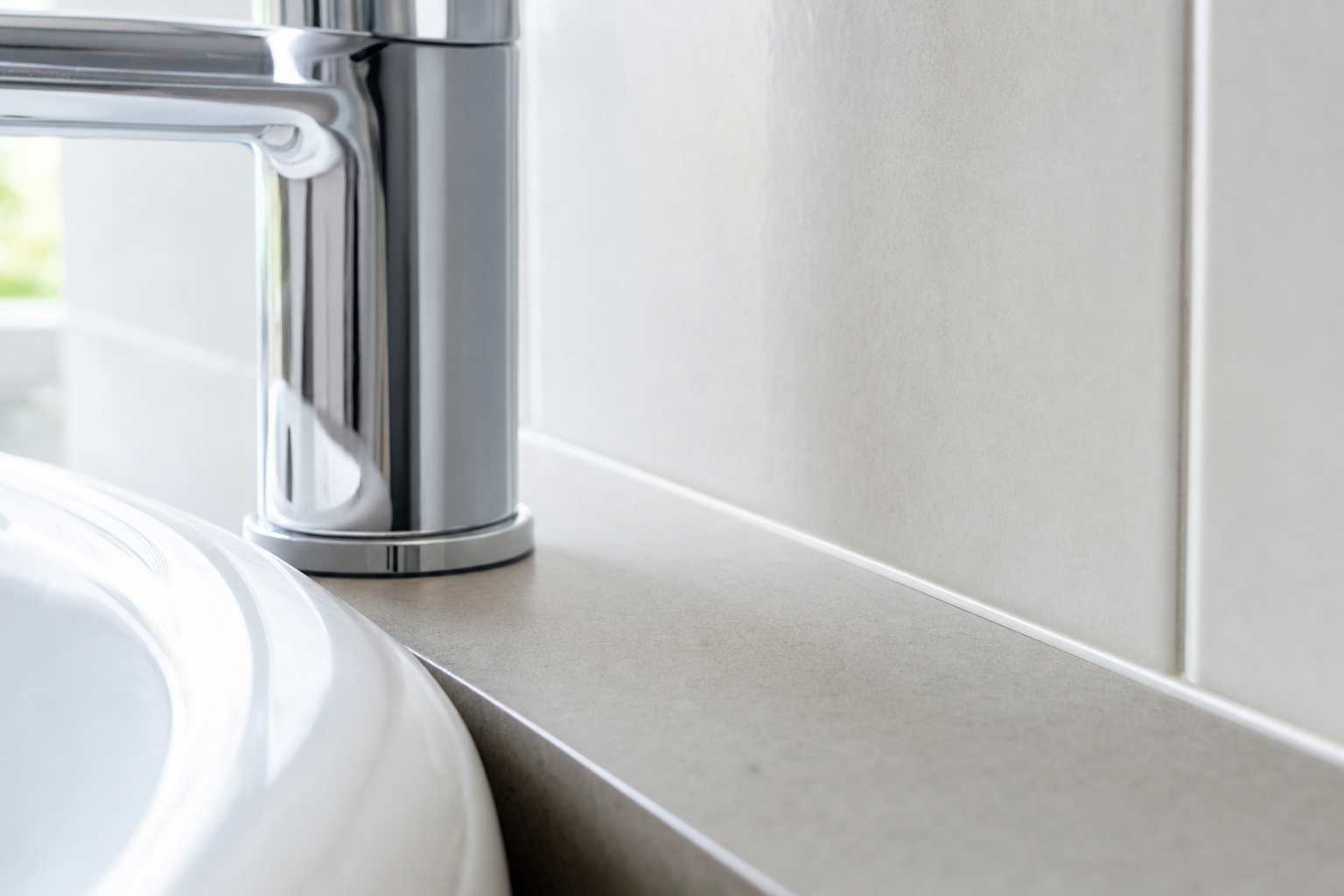 Close-up of a modern chrome tap on a white bathroom sink against tiled wall.