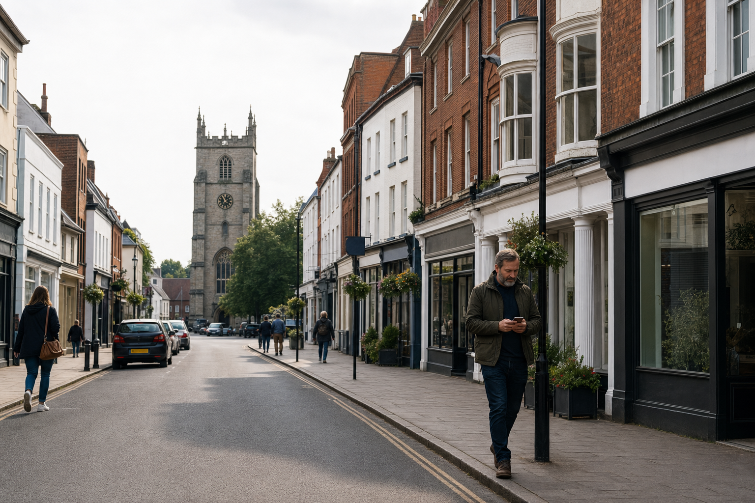 A man looks at his phone while walking on a historic street with a church tower in the background.