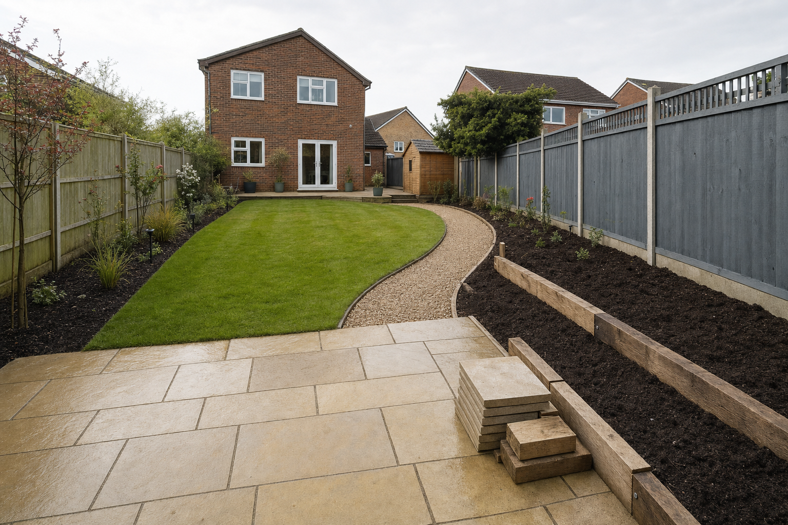 A brick house with a well-manicured garden, curved gravel path, and landscaped flower beds in the backyard.