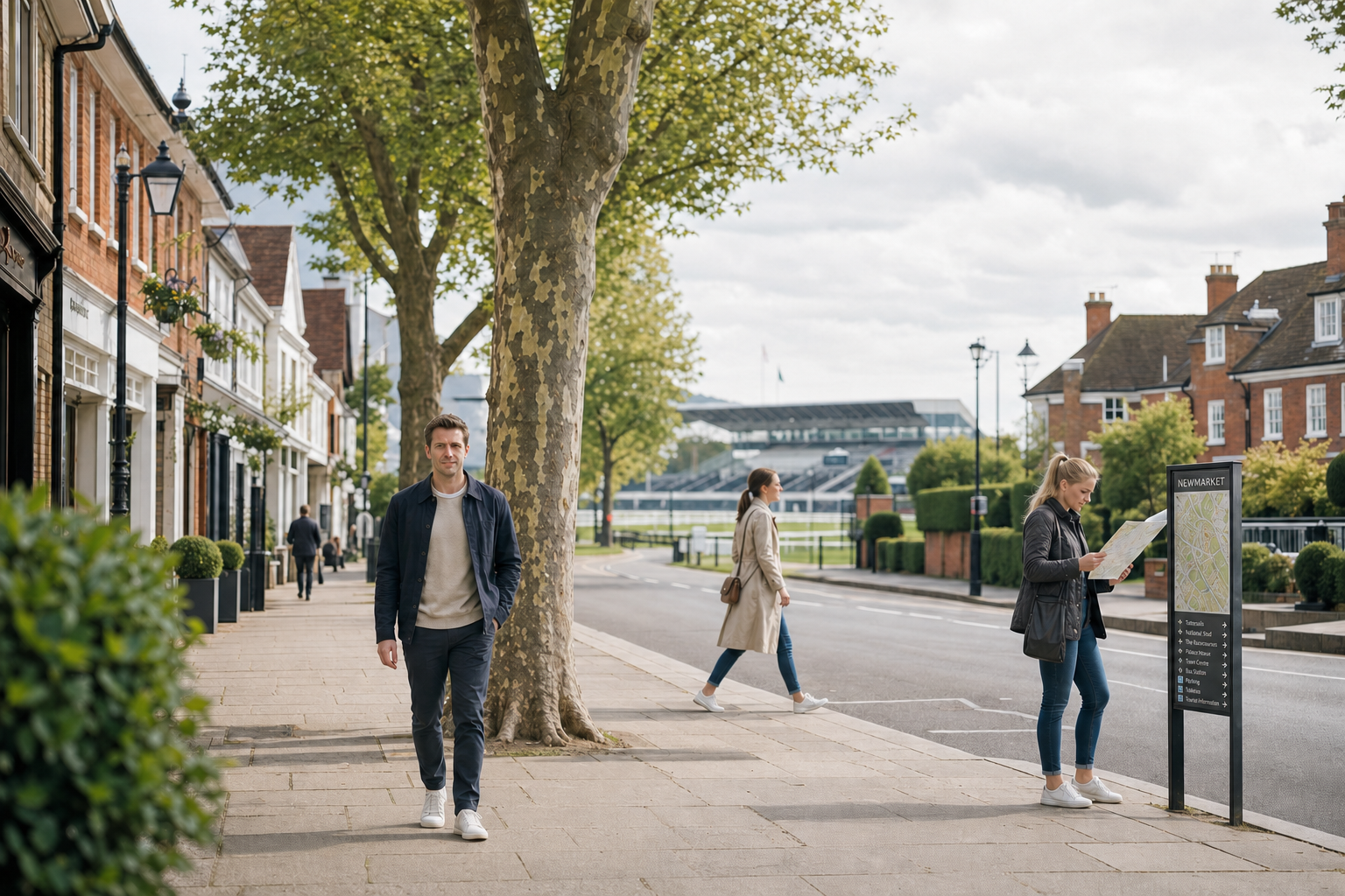 A man walks down a tree-lined street in Newmarket, while a woman reads a map by a signpost.