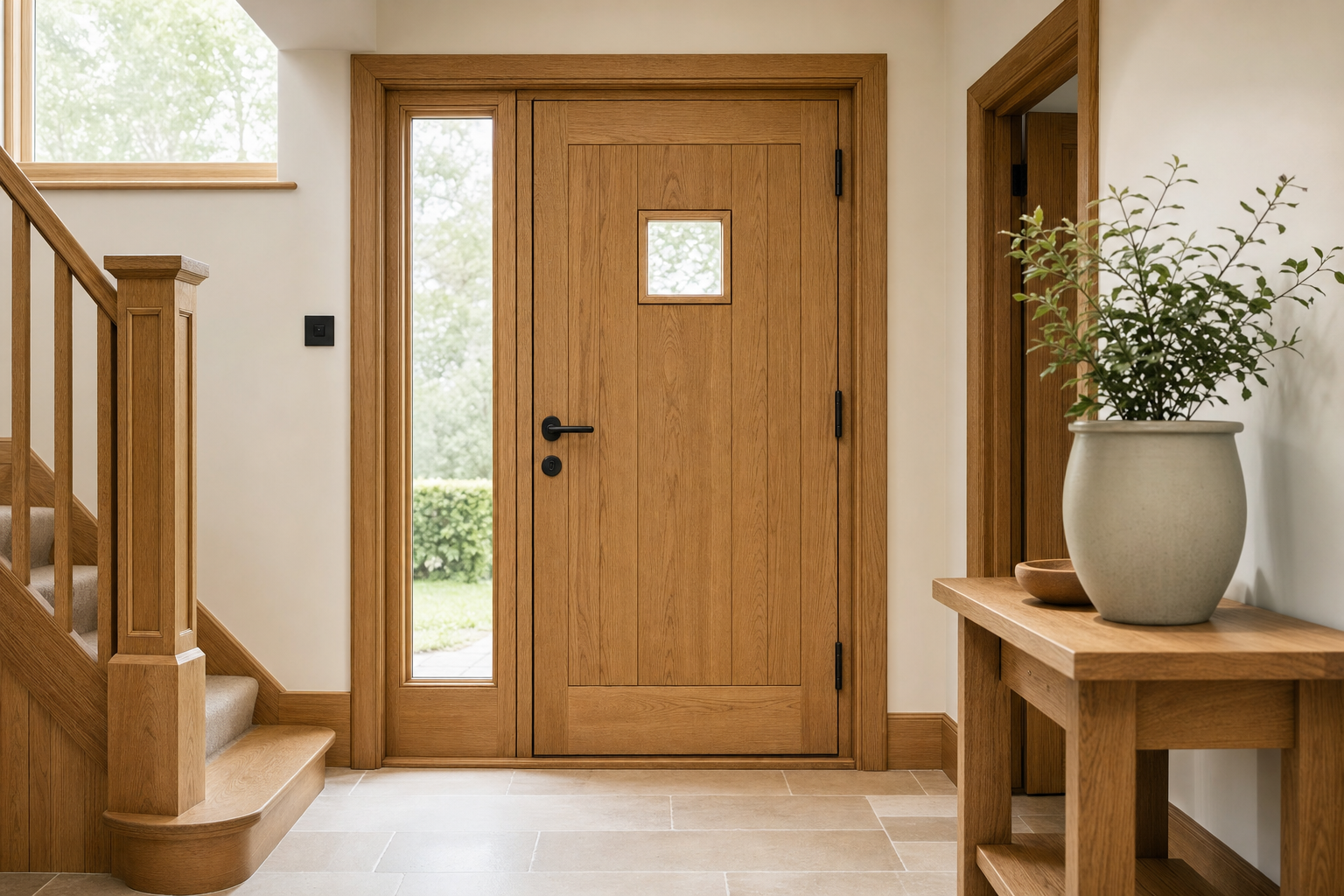 A wooden front door with a small window, flanked by a glass panel, next to a staircase and a table with a plant pot.