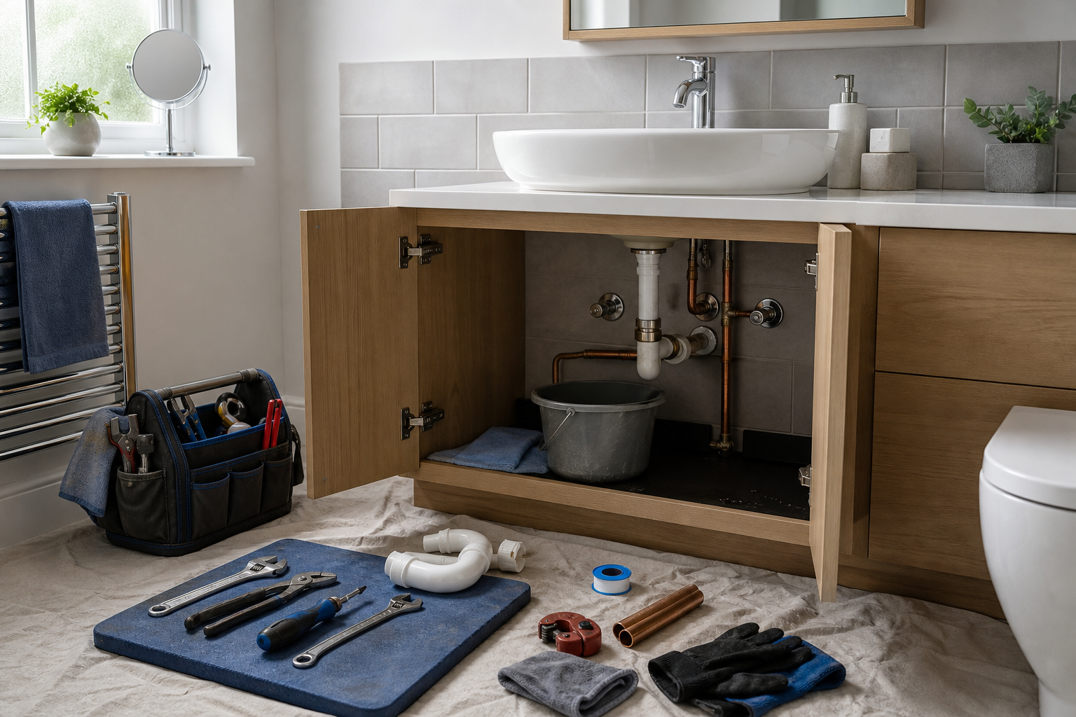Bathroom renovation with open cabinet, plumbing tools, and materials spread on the floor.