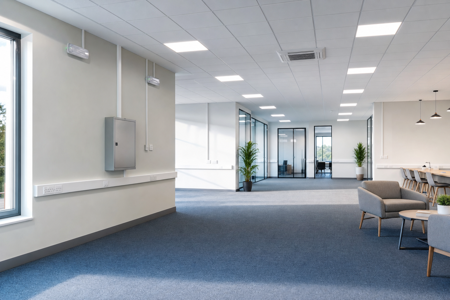 Modern open-plan office with grey carpet, glass partitions, and seating, featuring plants and a long table with chairs.