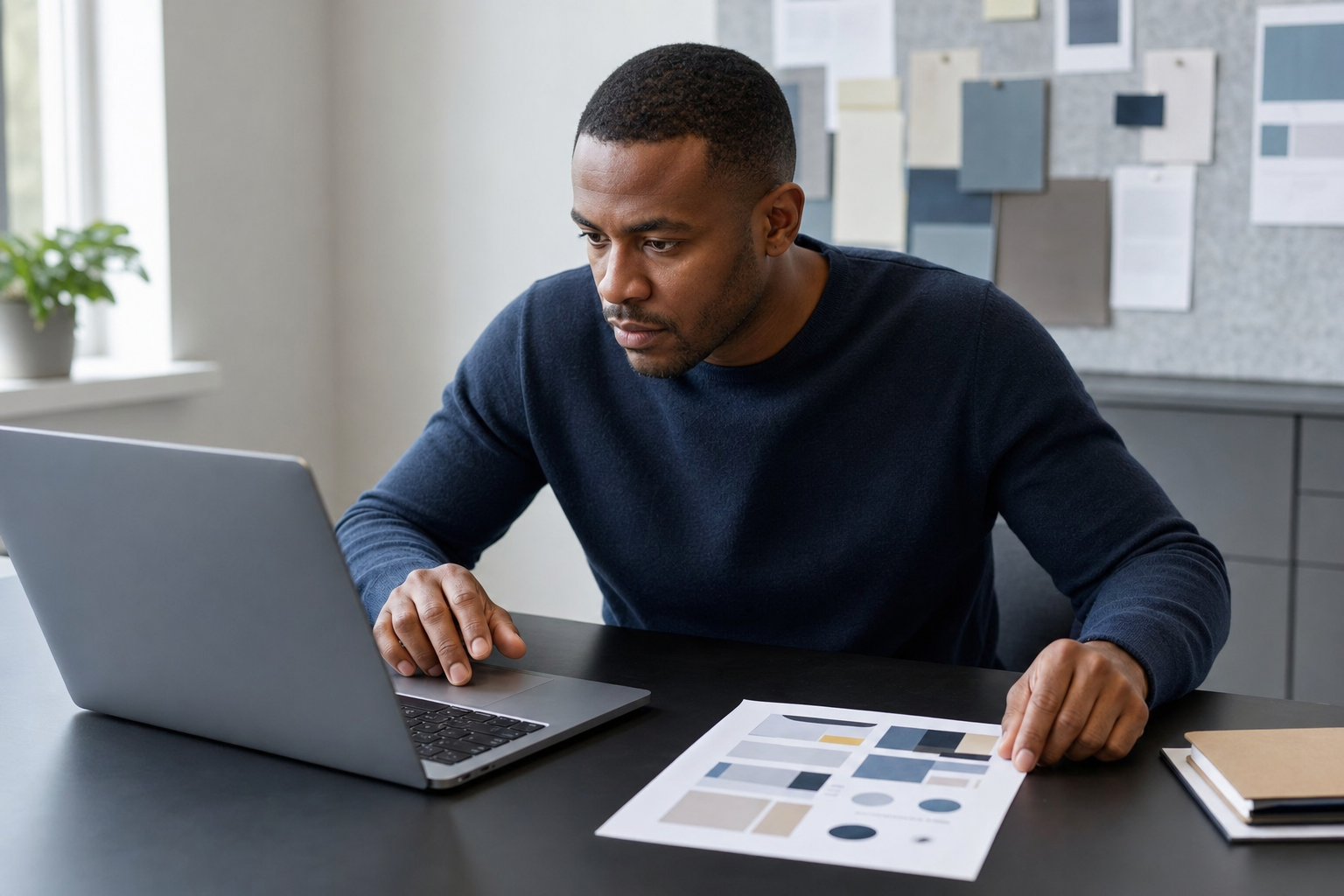 Man focused on a laptop with colour swatches on the table in a modern workspace.