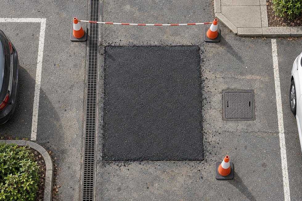 Freshly laid tarmac in a car park, outlined by traffic cones and a barrier.