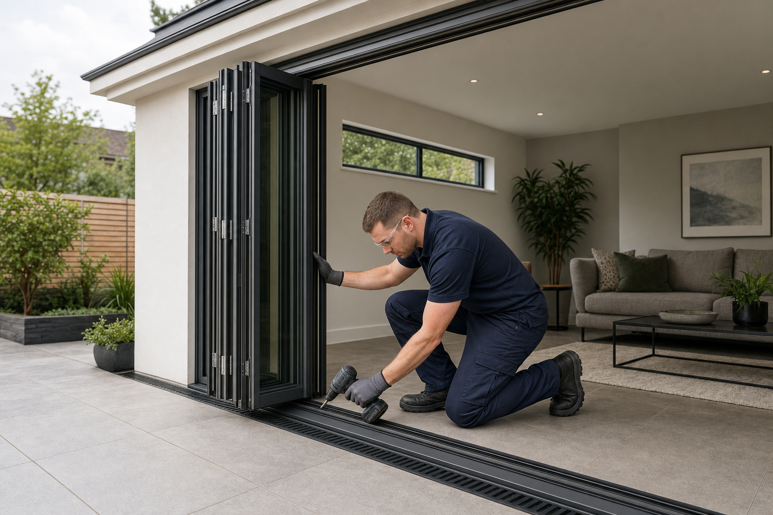 A man in workwear installs a black folding door in a modern living room with a garden outside.
