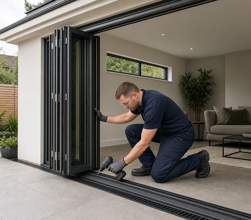 A man in workwear installs a black folding door in a modern living room with a garden outside.