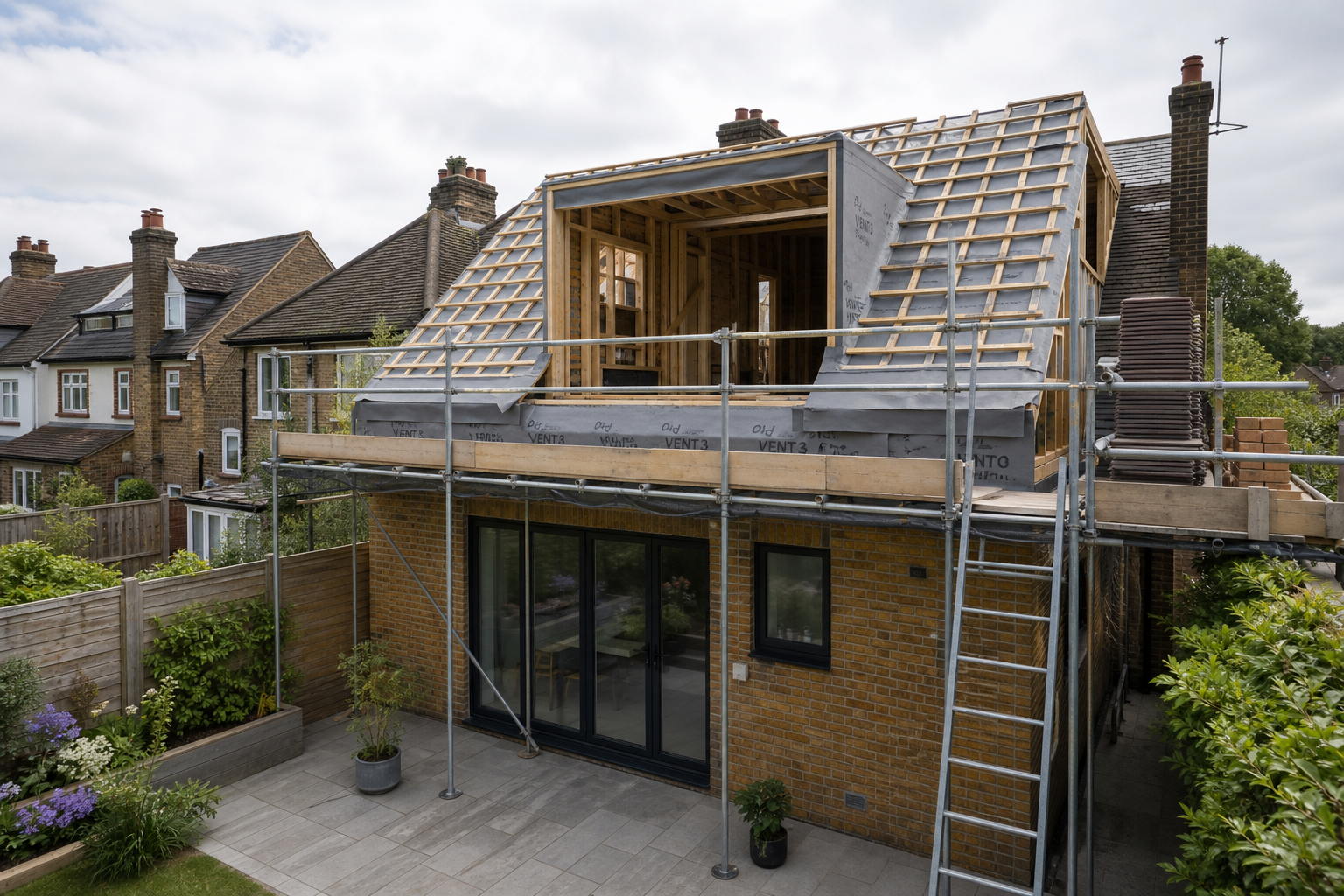 Scaffolding surrounds a house with an unfinished loft conversion under a cloudy sky.