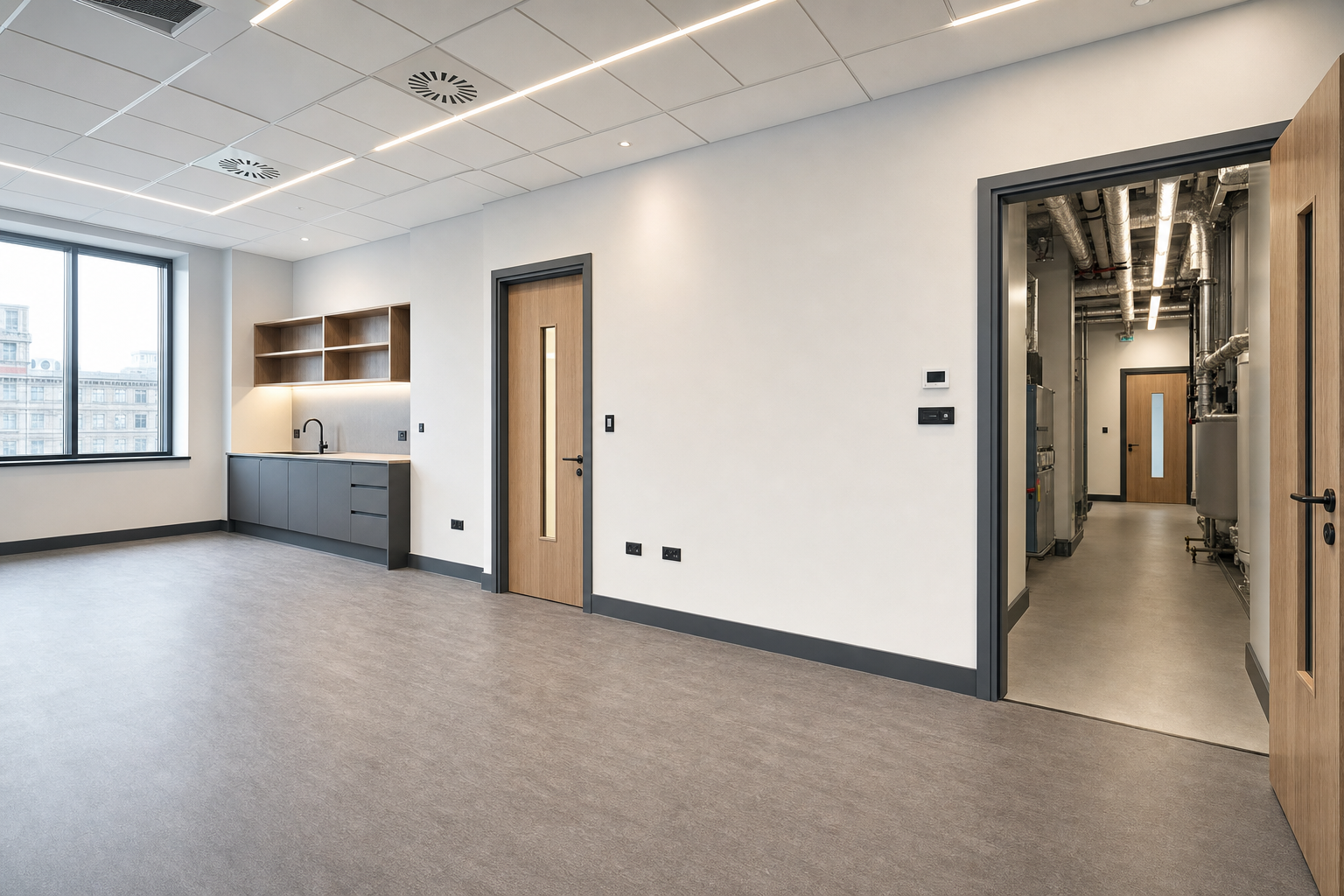 Modern empty office interior with a small kitchen area, large window, and open doorway to a utility room.