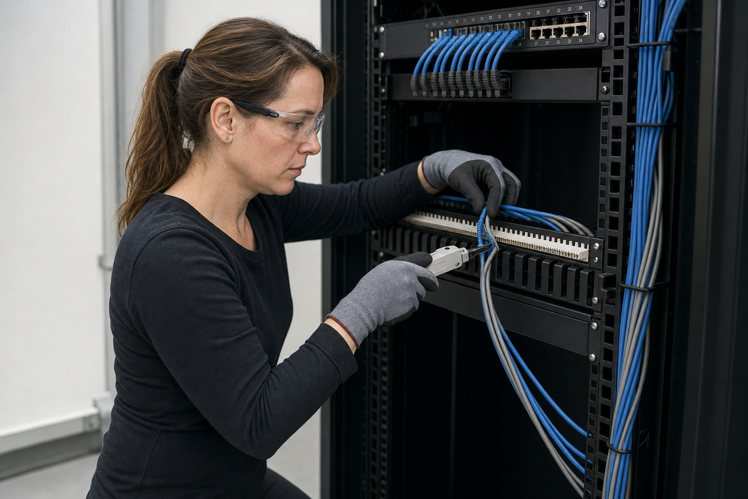 A technician wearing safety glasses and gloves works on network cables in a server room.