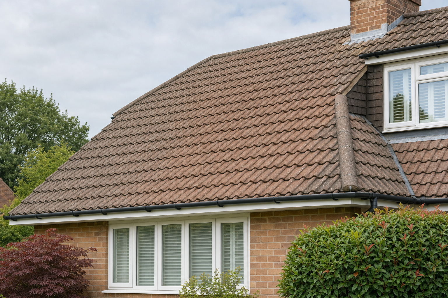 A house with a brown tiled roof, white-framed windows, and surrounding greenery under a cloudy sky.