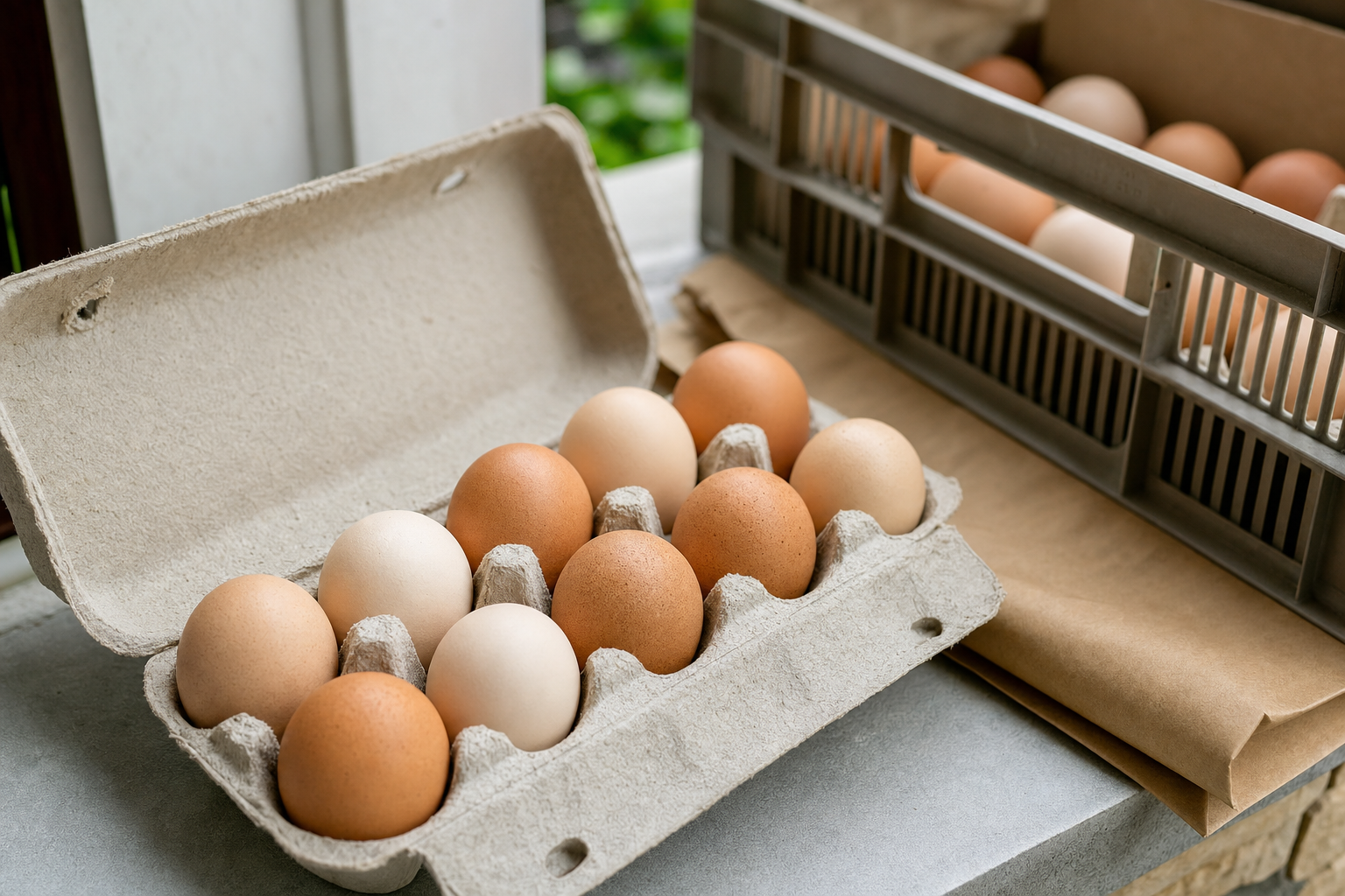 Carton of brown and white eggs on a kitchen counter next to a grey crate.