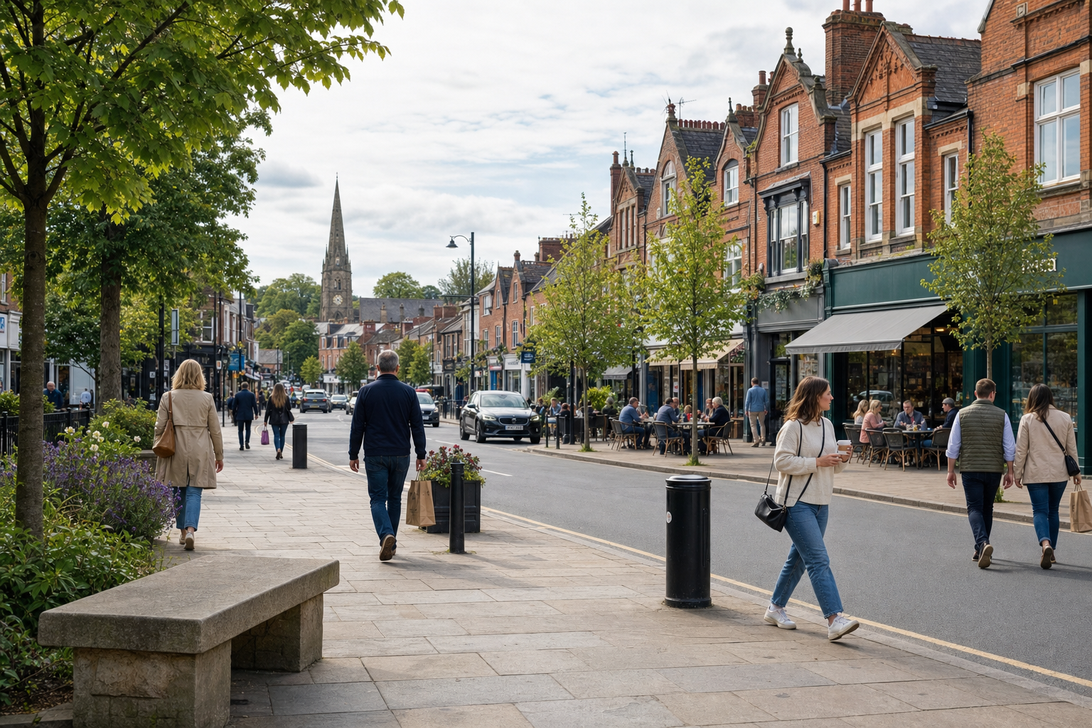 A bustling street scene with people walking and dining outdoors, flanked by traditional brick buildings and a distant church spire.