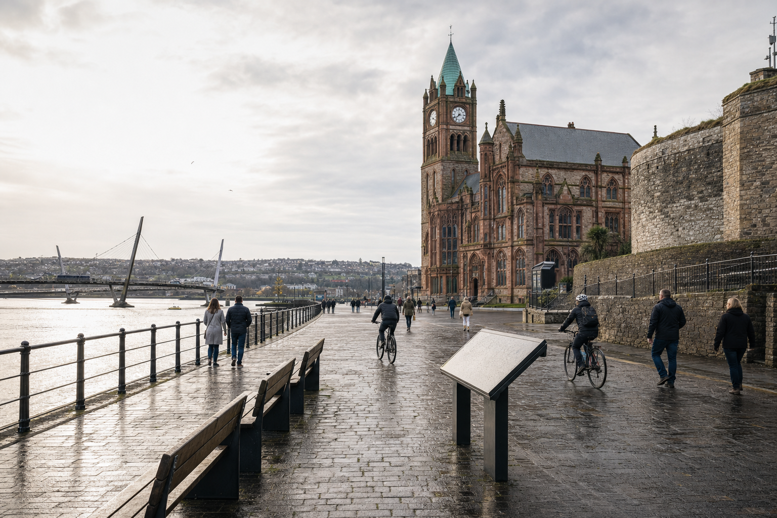 People walking and cycling along a riverside path with a historic building and bridge in the background.