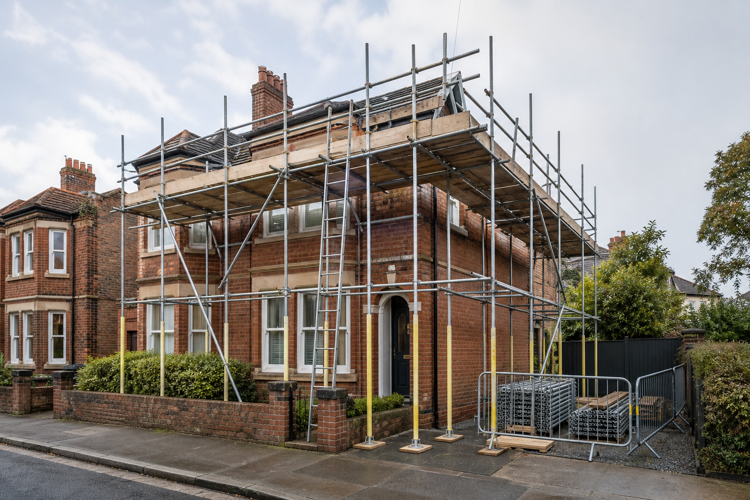 Brick house undergoing roof renovation with scaffolding and construction materials.