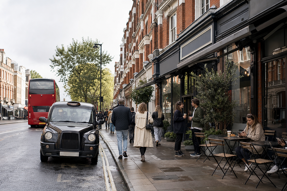 People walking past a café on a busy London street with a black taxi and red double-decker bus.