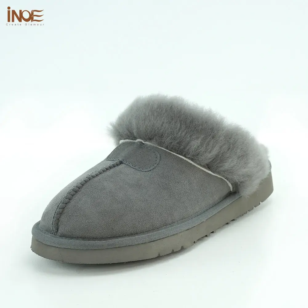 INOE Genuine Double Face Sheepskin Suede Leather Men Winter Slippe