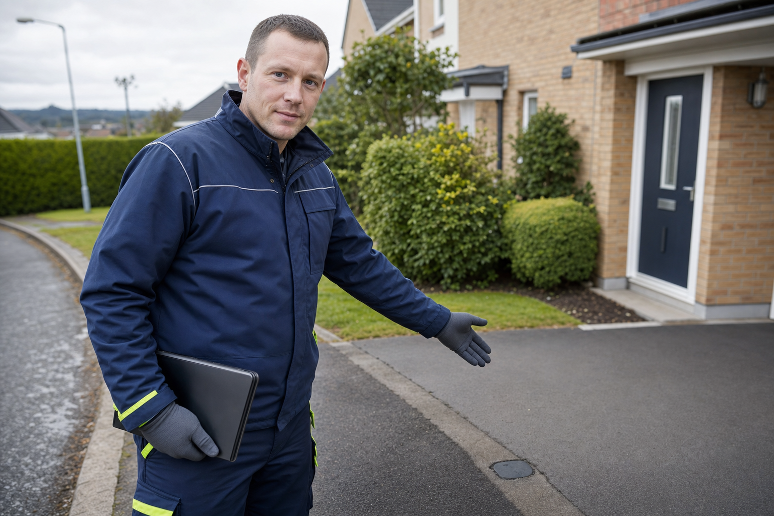 Man in a blue uniform points to a driveway outside a residential home while holding a tablet.