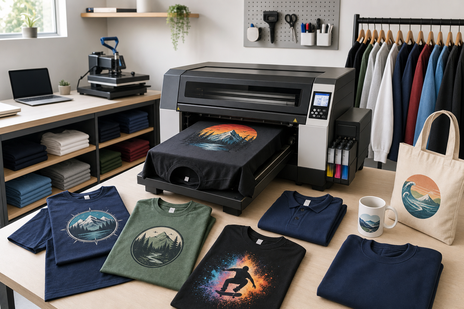 T-shirt printing setup with custom designs, featuring a printer, folded shirts, a tote bag, and a mug on a wooden table.