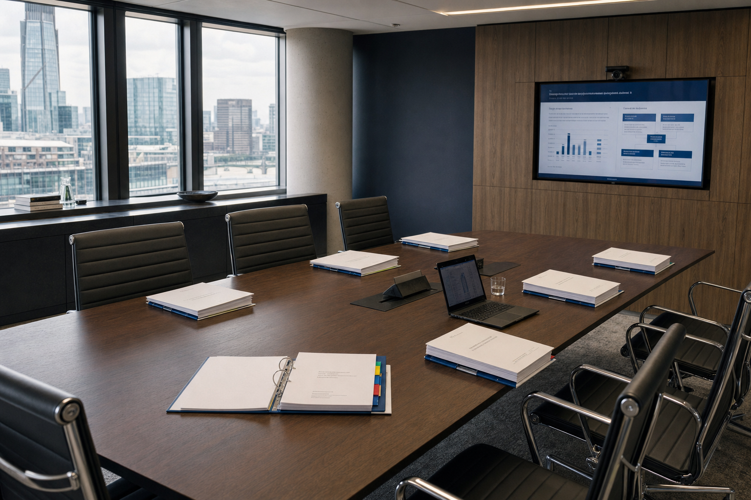 Modern conference room with a large table, binders, a laptop, and a wall-mounted screen displaying graphs, overlooking a cityscape.