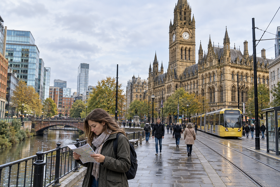 A woman reads a map near a canal and a tram with a historic building and modern structures in the background.