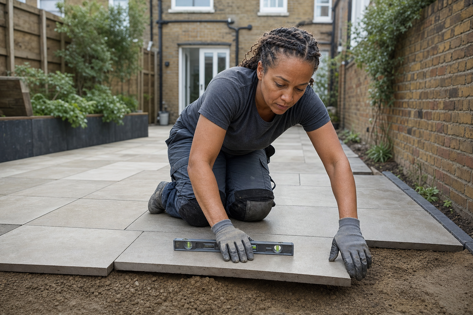 A woman kneels outdoors using a spirit level to lay down patio slabs in a garden.
