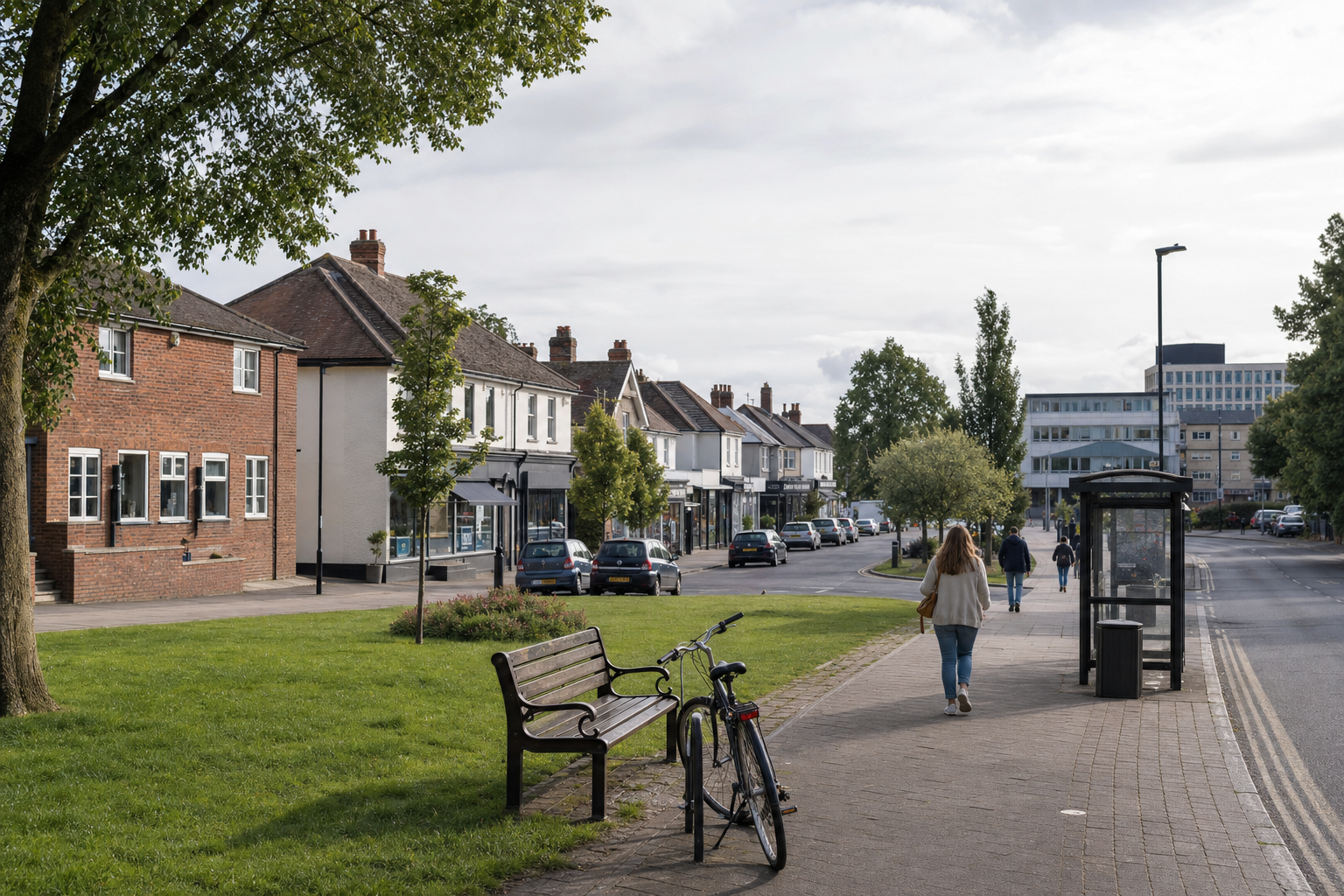 A tranquil street scene with a bench, bicycle, and pedestrians near a bus stop on a tree-lined footpath.