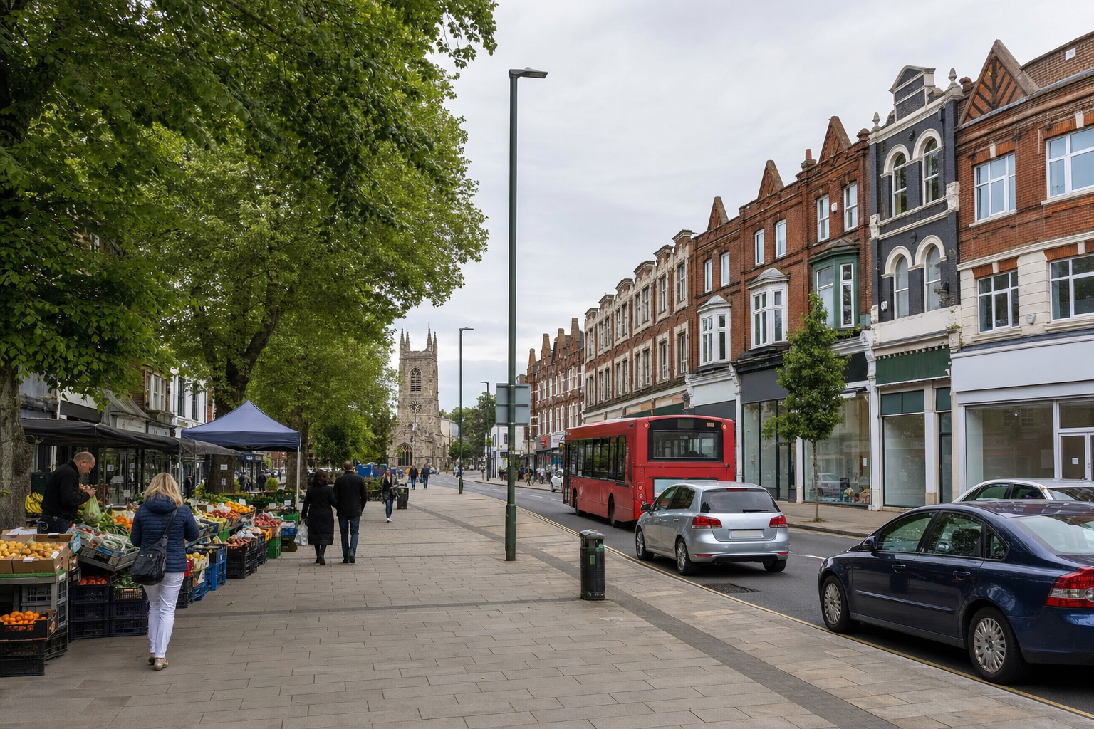 A tree-lined street features a red double-decker bus, Victorian buildings, and a fruit market beside pedestrians.