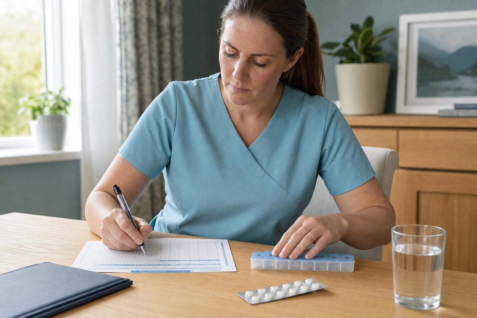 A nurse in blue scrubs organises medication and completes paperwork at a wooden table.