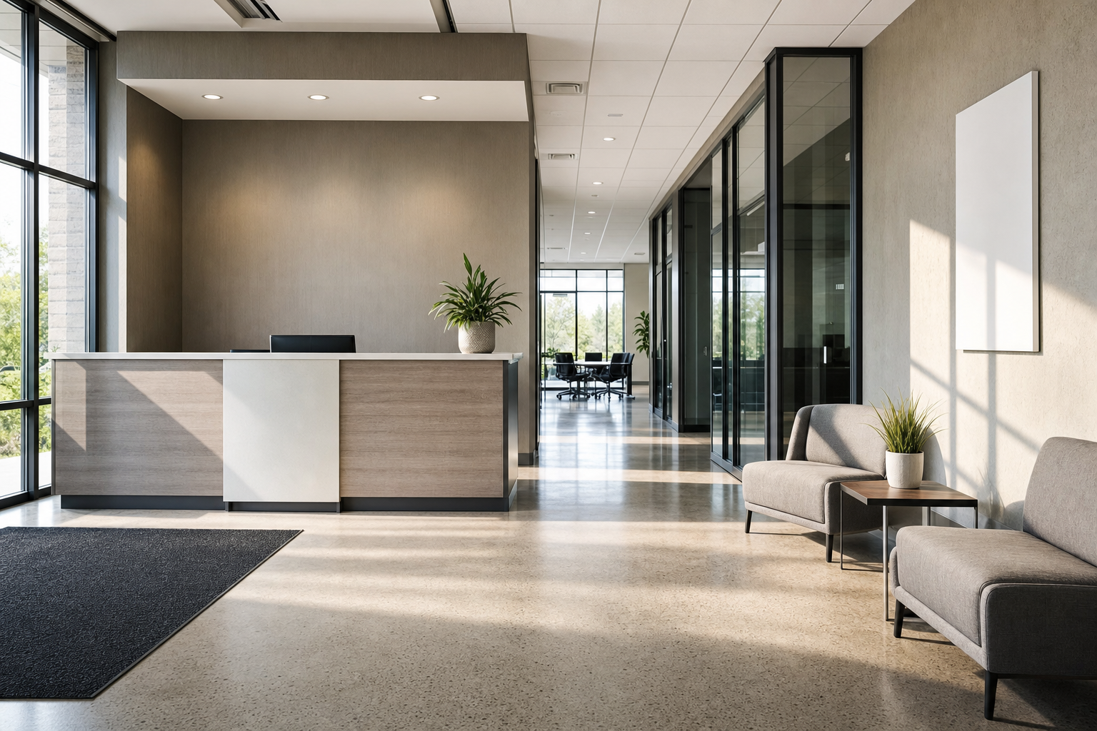 Modern office reception with a reception desk, potted plants, and seating area featuring grey chairs.